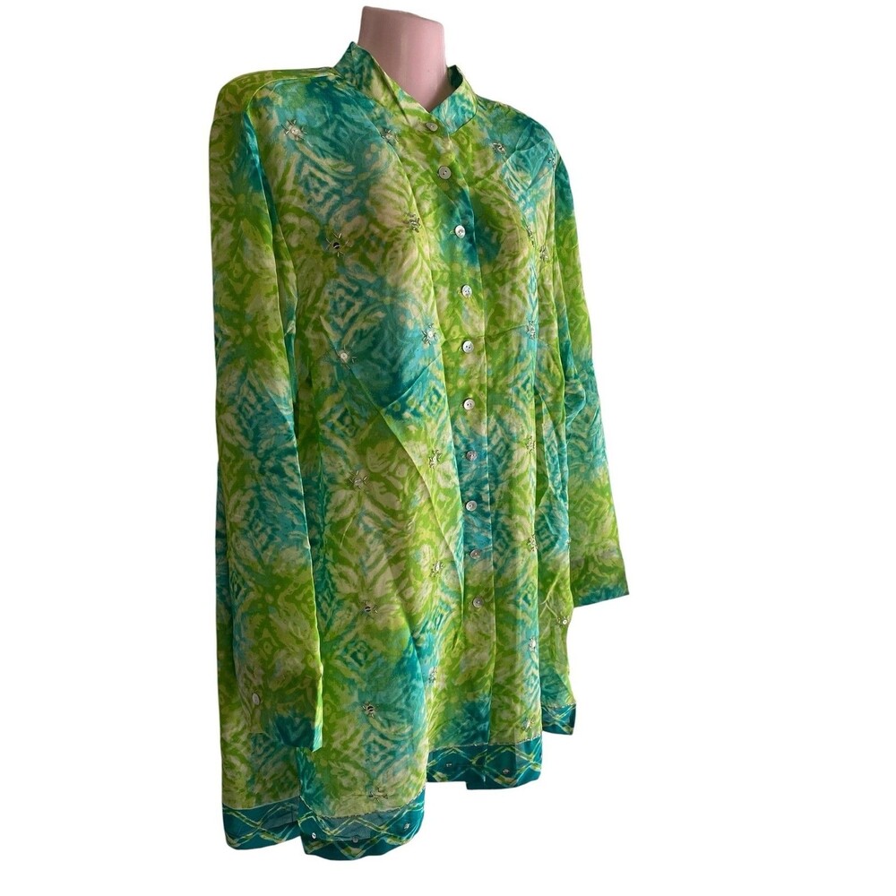 Coldwater Creek Tunic Top Womens XL Green Blue Beaded Button Up Boho Print - Picture 2 of 7